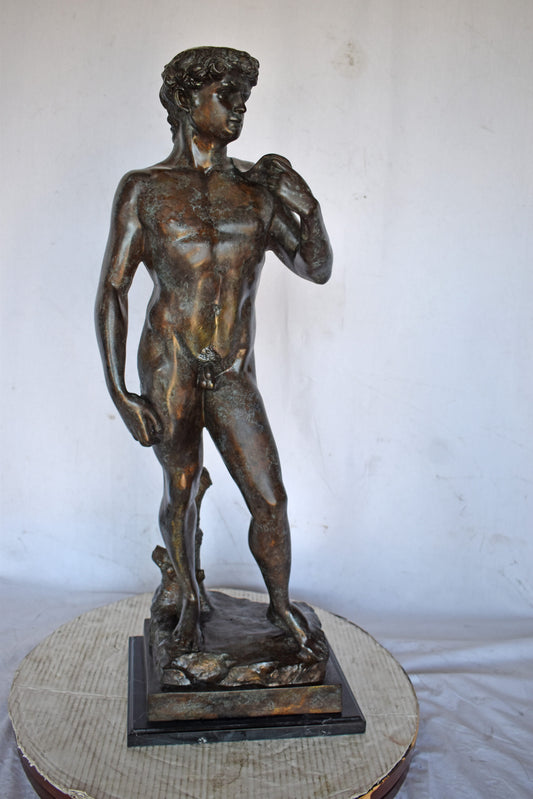 David by Michelangelo bronze statue replica - Size: 13"L x 10"W x 36"H.