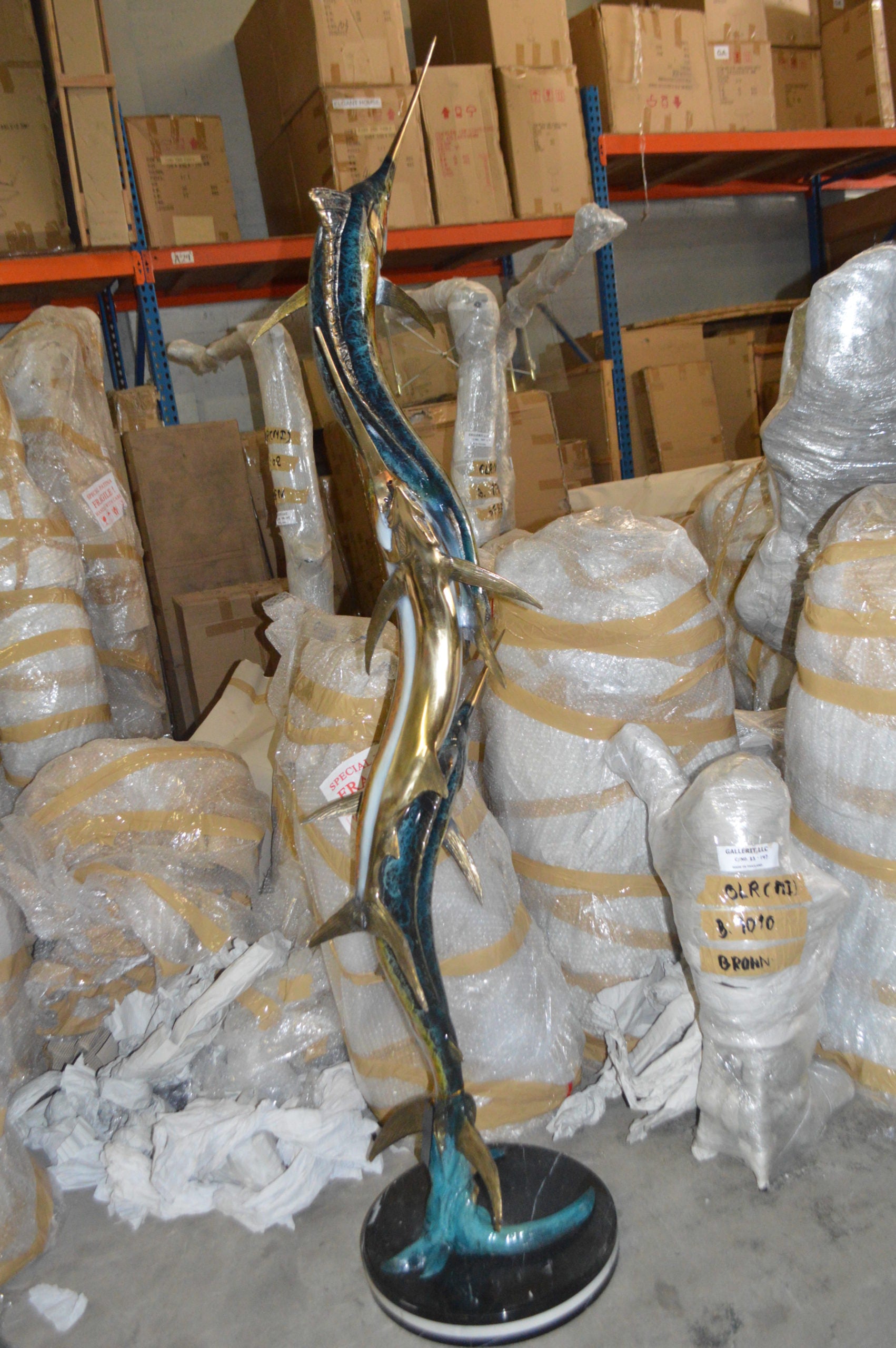 Three Marlin Fish /bronze Fountain on Triple Marble -  15"x 18"x 77"H.