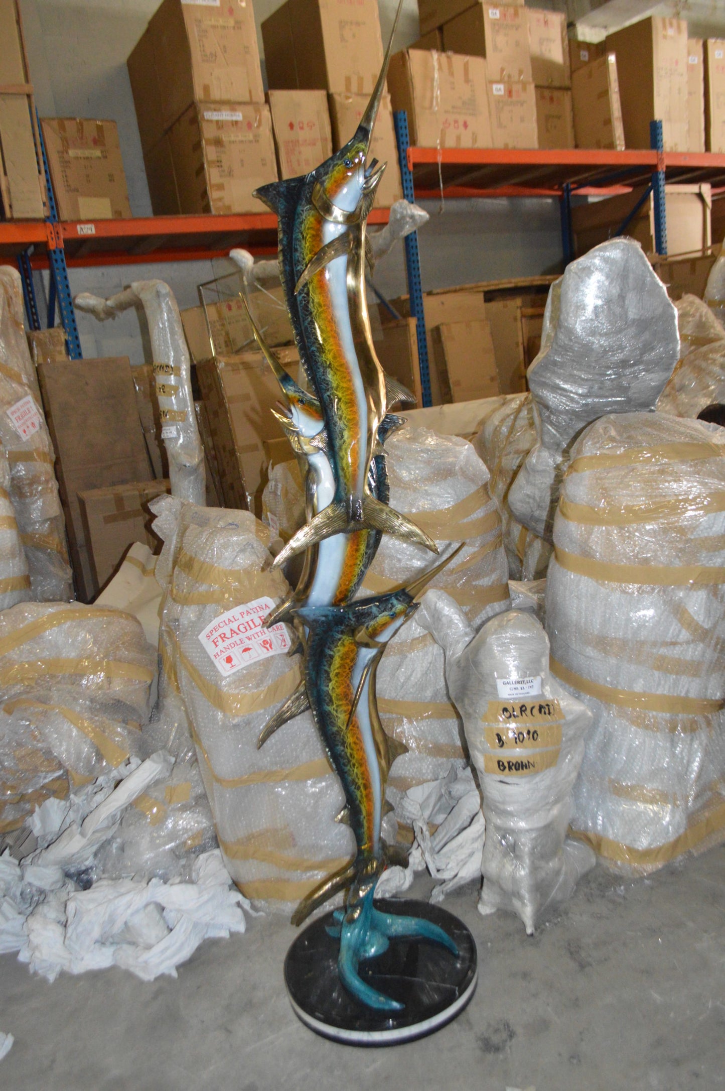 Three Marlin Fish /bronze Fountain on Triple Marble -  15"x 18"x 77"H.