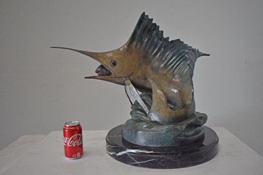 Nifao Sailfish Catching Fish Bronze Statue on Marble Base – Lost Wax Cast Ocean Life Sculpture with Hand-Applied Patina, Marine Wildlife Decor,26" x 16" x 25"H.