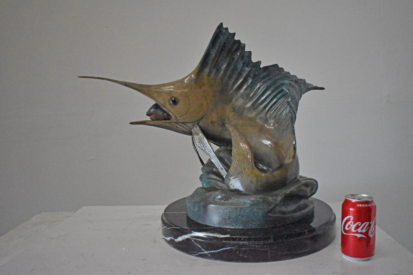 Sailfish Catching a Small Fish in Action Bronze Statue - Size: 26" x 16" x 25"H.
