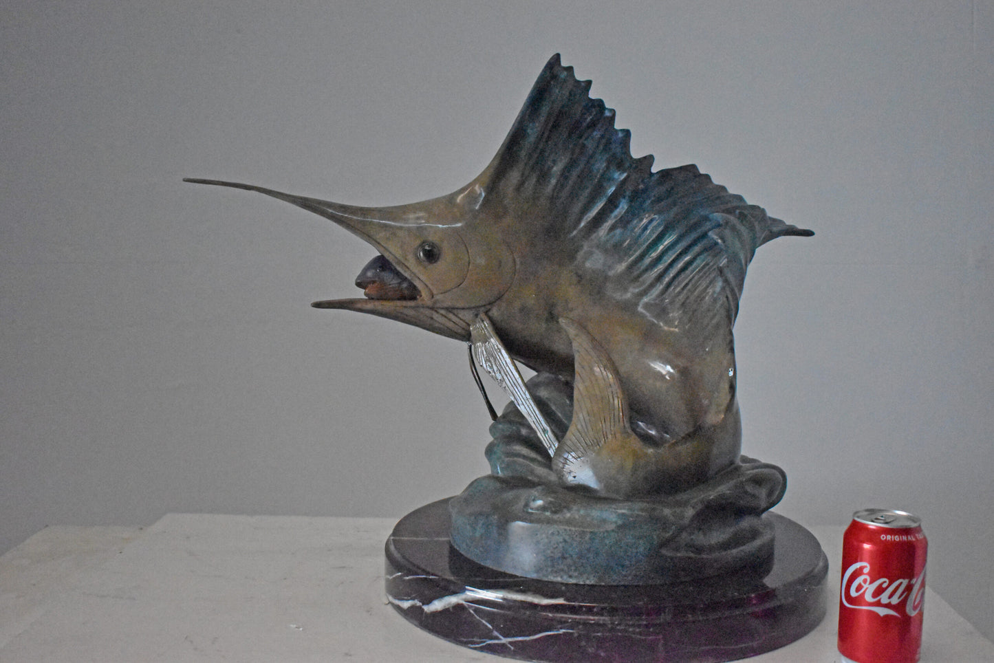 Sailfish Catching a Small Fish in Action Bronze Statue - Size: 26" x 16" x 25"H.