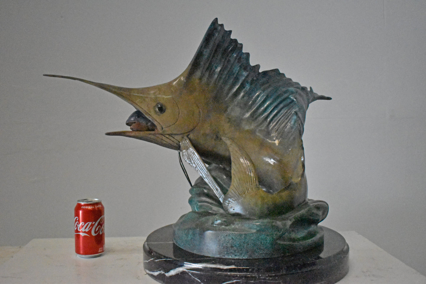 Sailfish Catching a Small Fish in Action Bronze Statue - Size: 26" x 16" x 25"H.