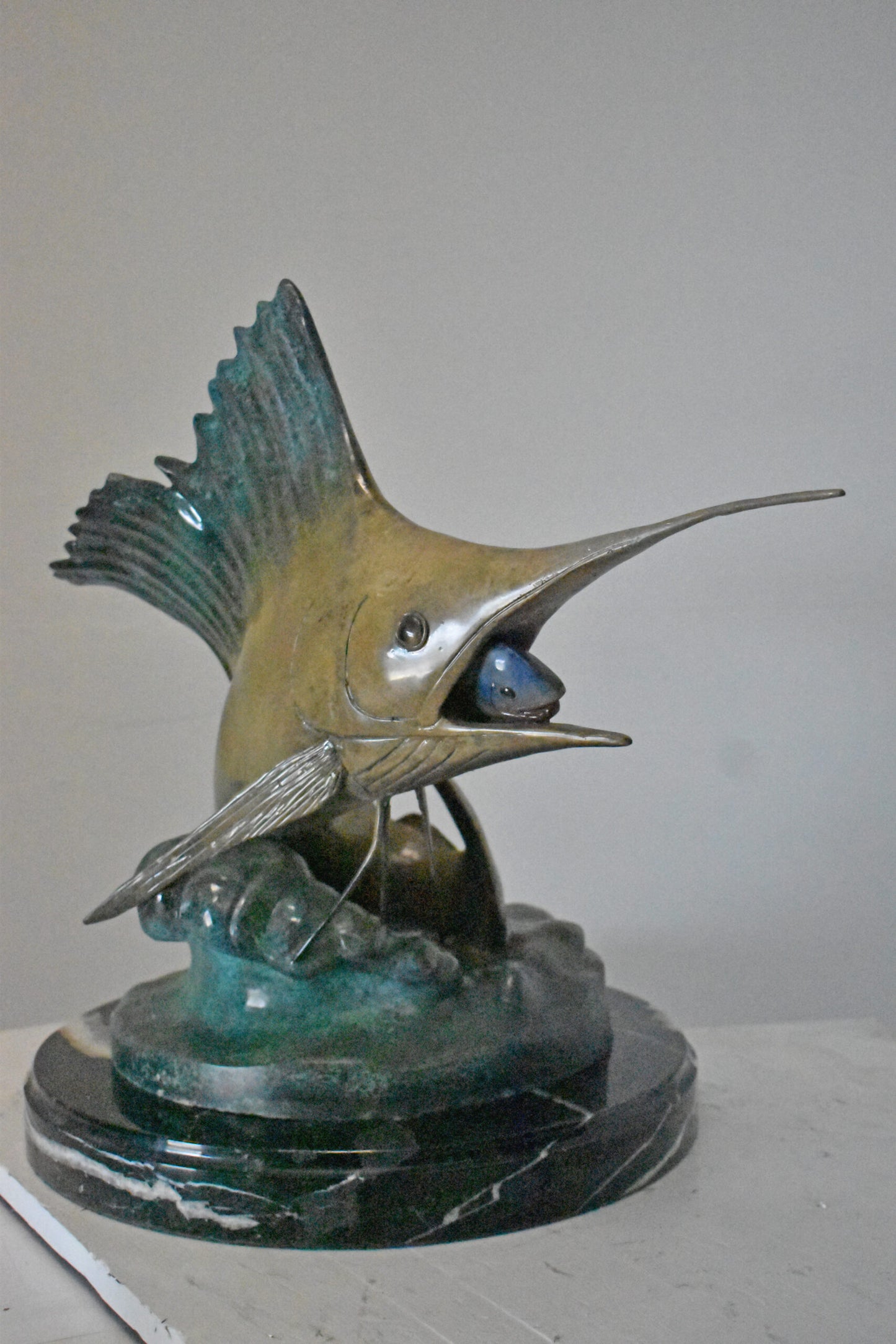 Sailfish Catching a Small Fish in Action Bronze Statue - Size: 26" x 16" x 25"H.