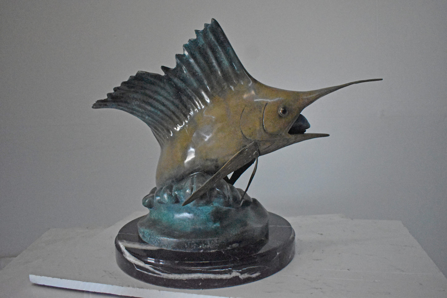 Sailfish Catching a Small Fish in Action Bronze Statue - Size: 26" x 16" x 25"H.