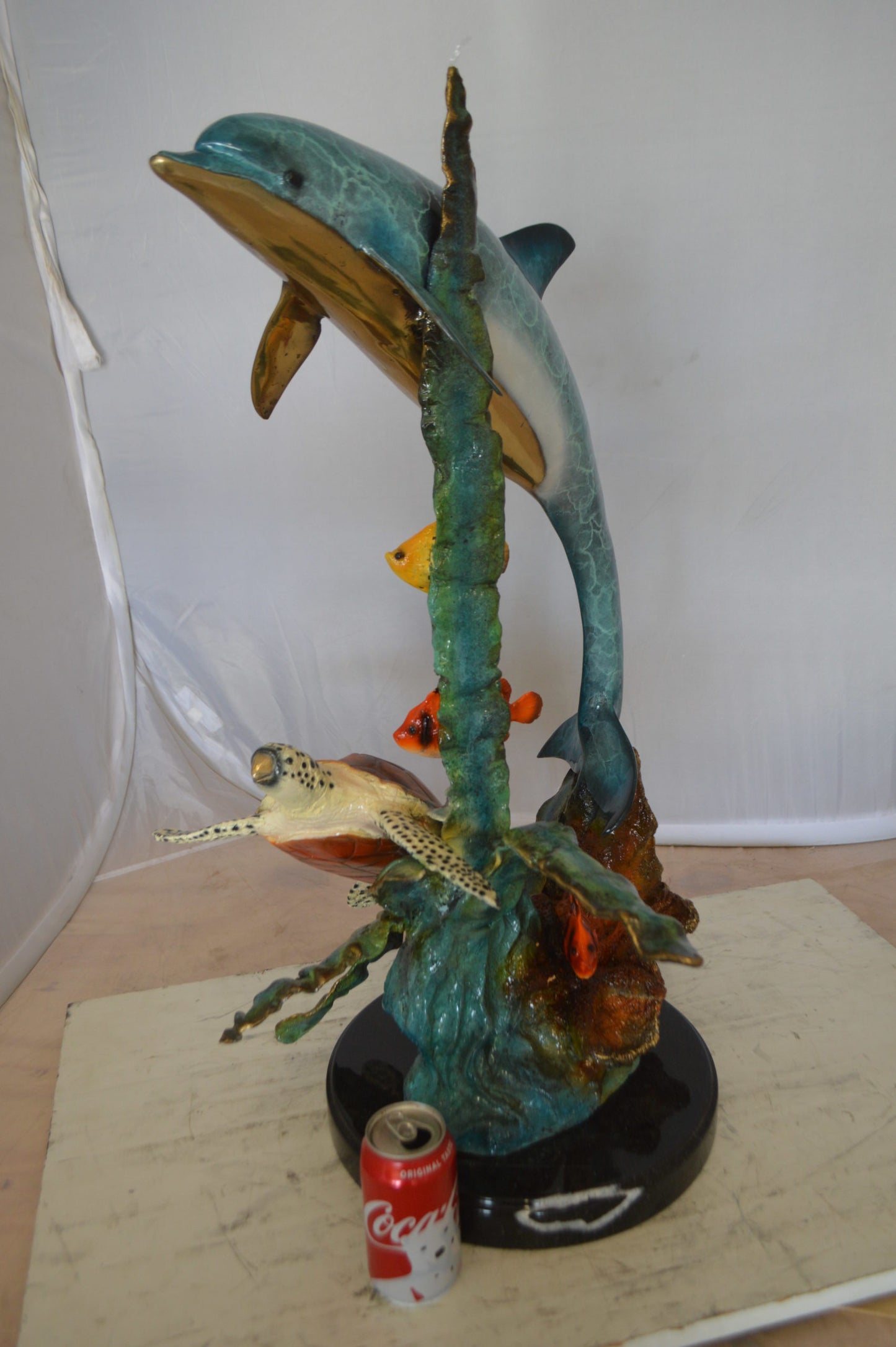 Dolphin , Turtle And Fish Bronze Statue -  Size: 18"L x 16"W x 25"H.