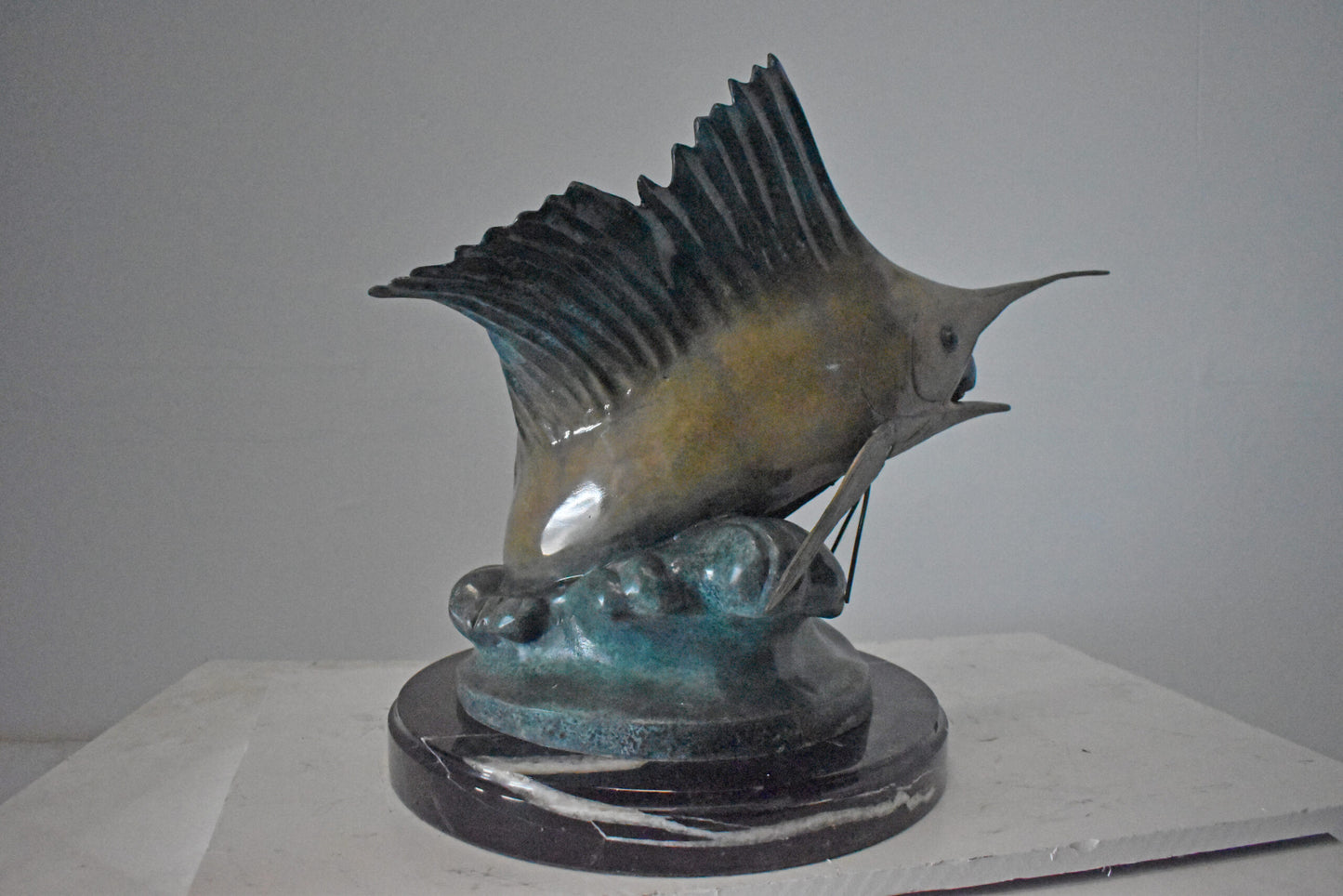 Sailfish Catching a Small Fish in Action Bronze Statue - Size: 26" x 16" x 25"H.