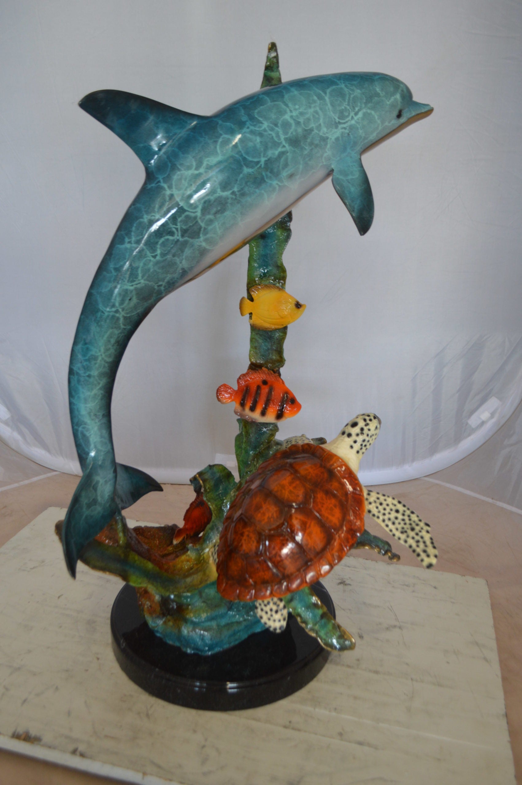 Dolphin , Turtle And Fish Bronze Statue -  Size: 18"L x 16"W x 25"H.