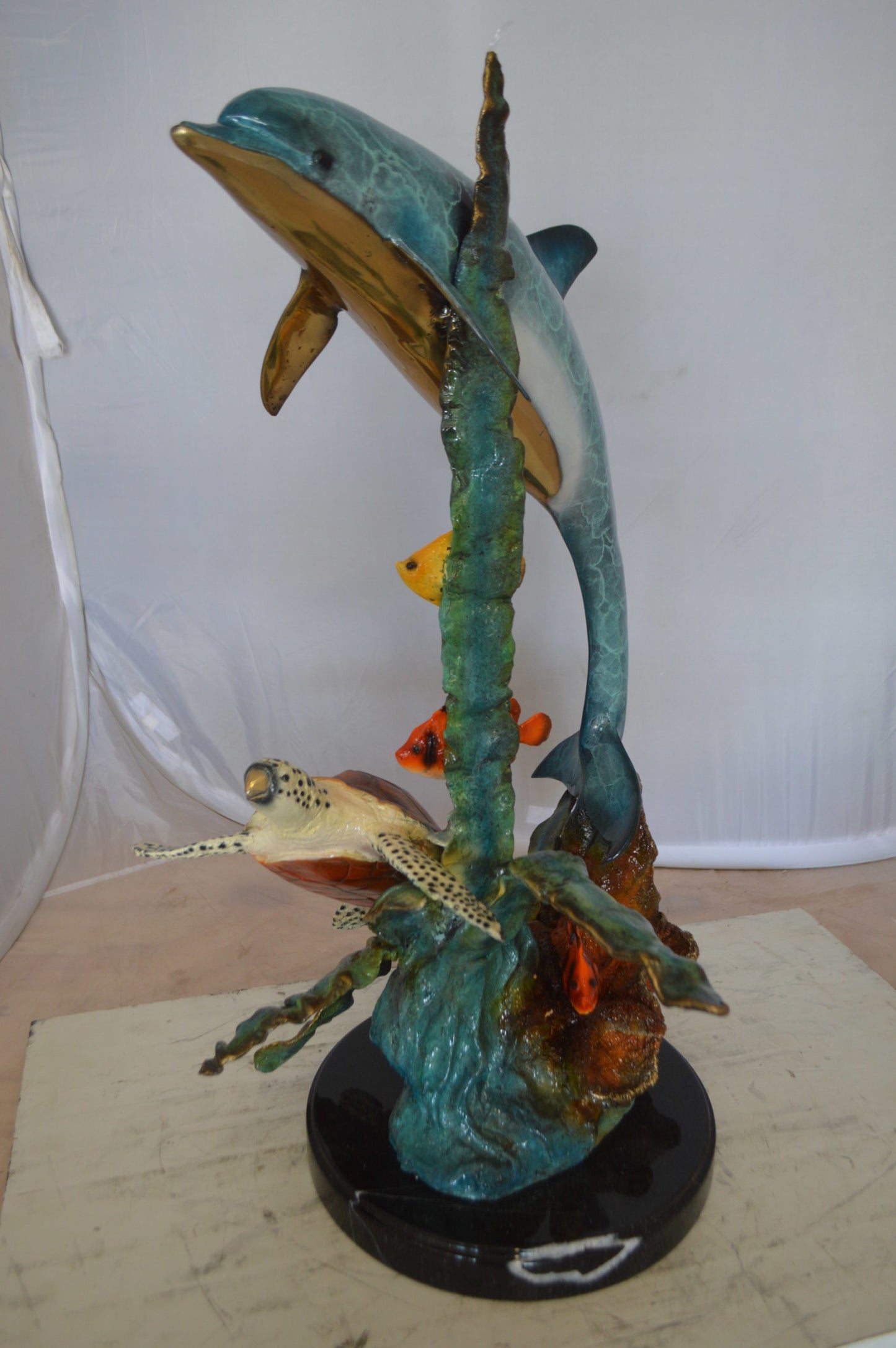 Dolphin , Turtle And Fish Bronze Statue -  Size: 18"L x 16"W x 25"H.