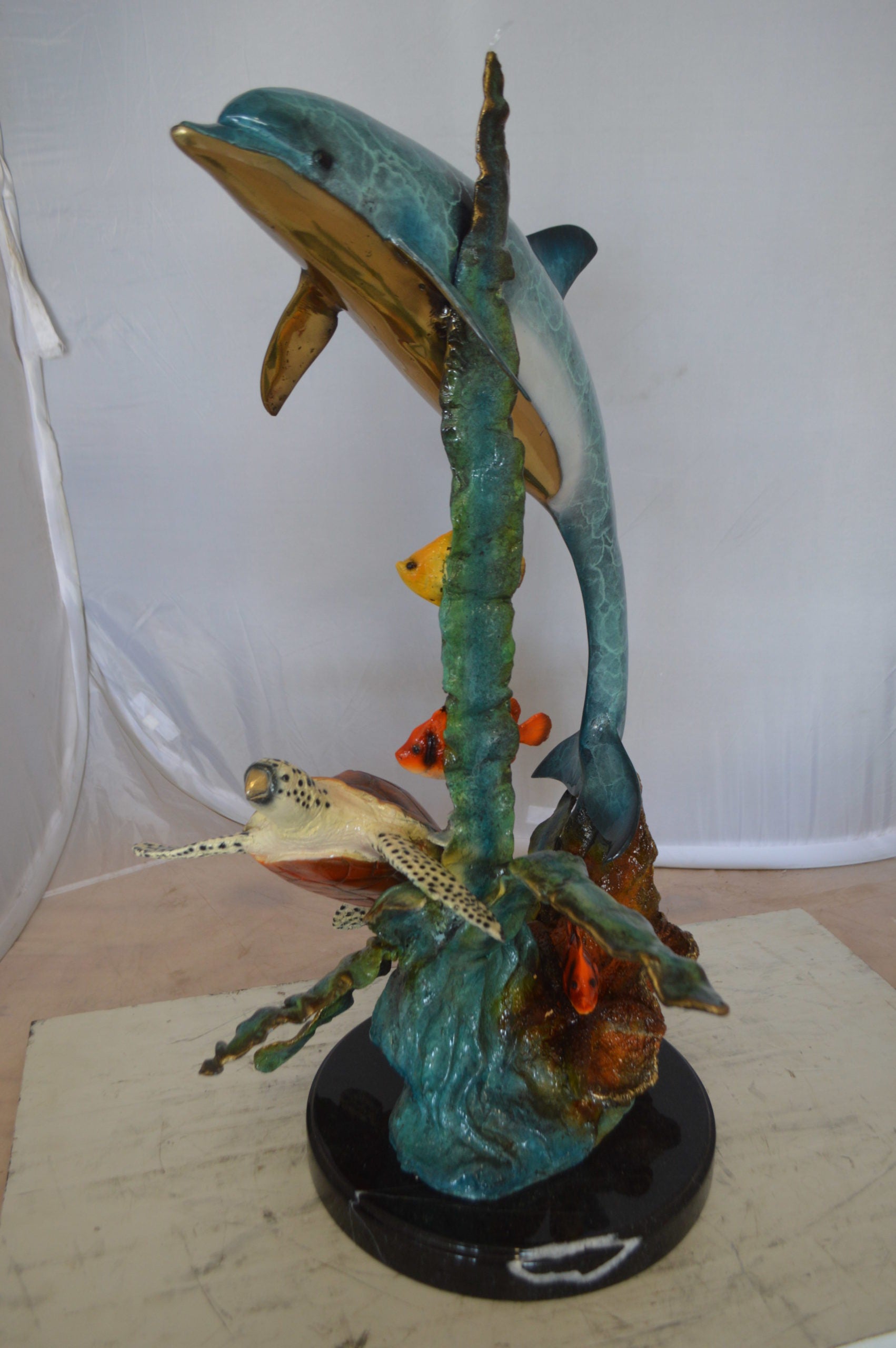 Dolphin , Turtle And Fish Bronze Statue -  Size: 18"L x 16"W x 25"H.