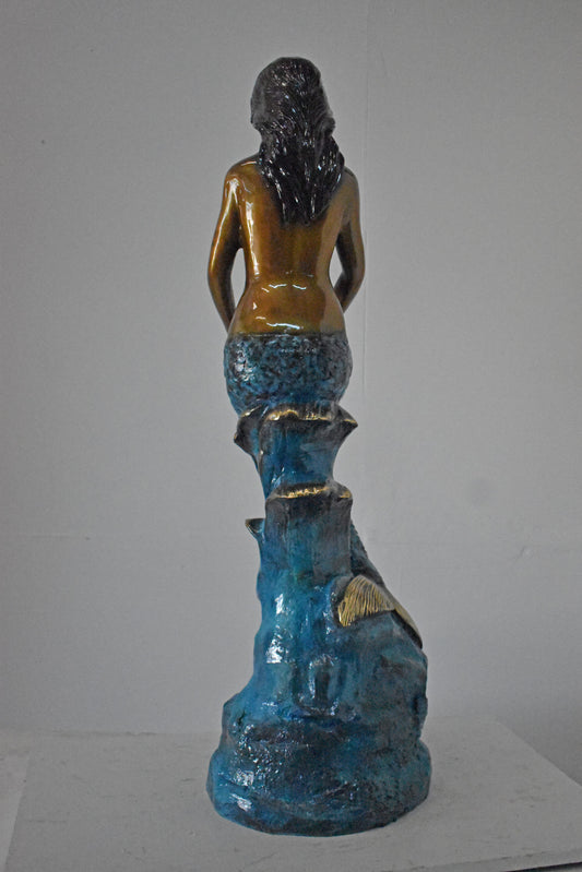 Mermaid Holding Two Fish Bronze Statue Color Finish - Size: 14" x 14" x 43"H.