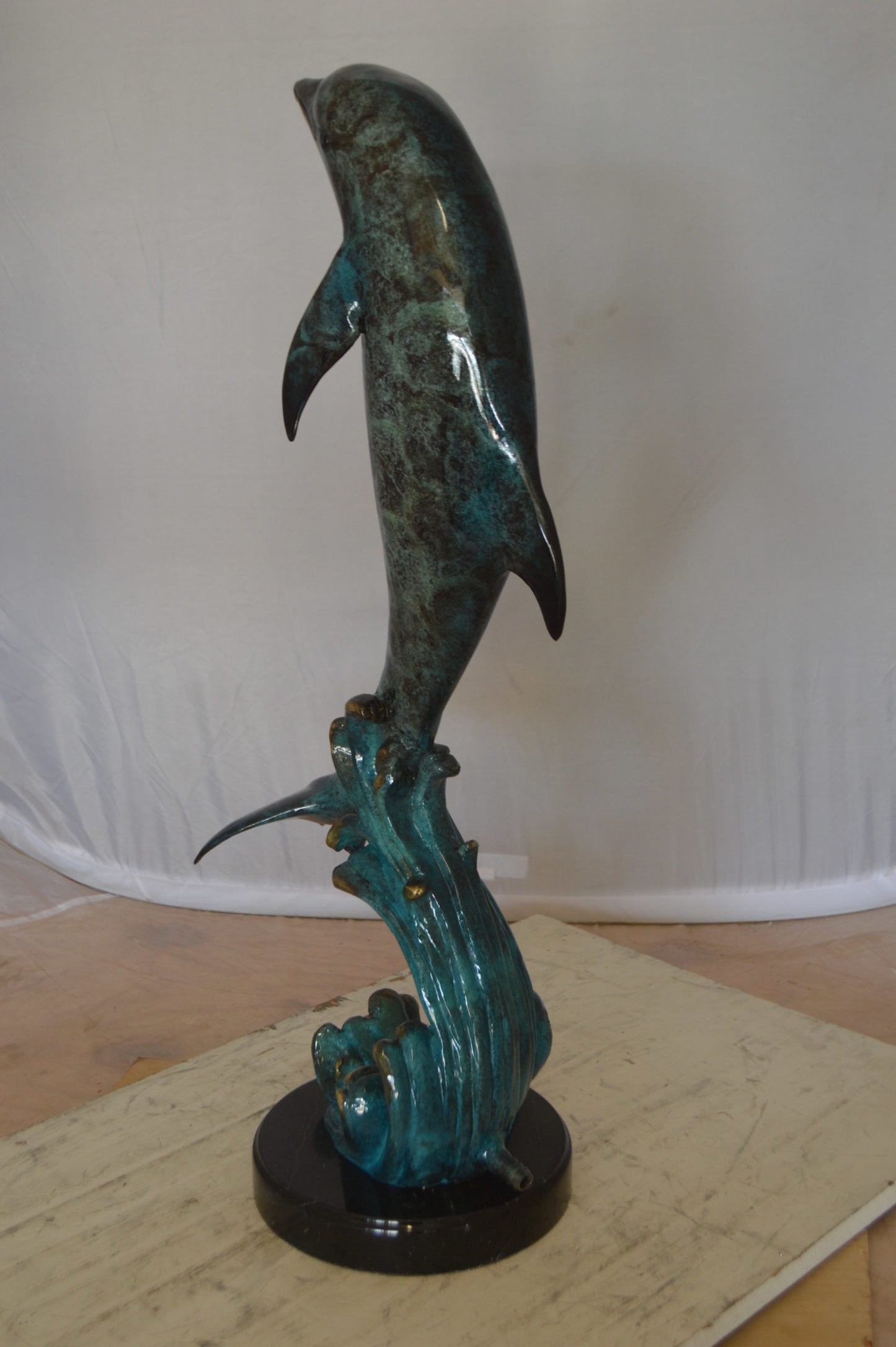 Dolphin Fountain On A Marble Base Bronze Statue - Size: 12"L x 8"W x 30"H.