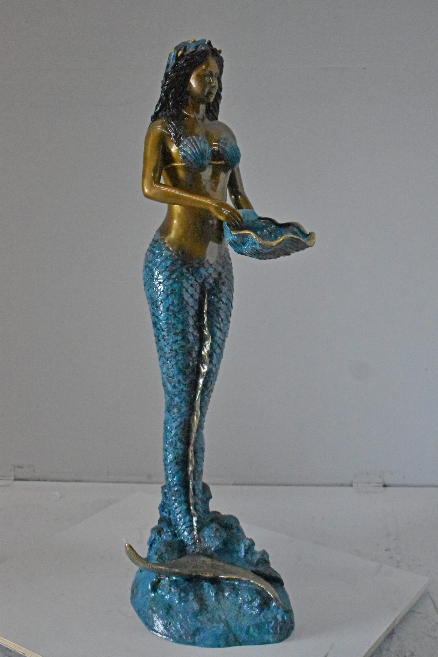 Mermaid Holding a Shell Bronze Fountain Color Finish - Size: 18" x 19" x 46"H.