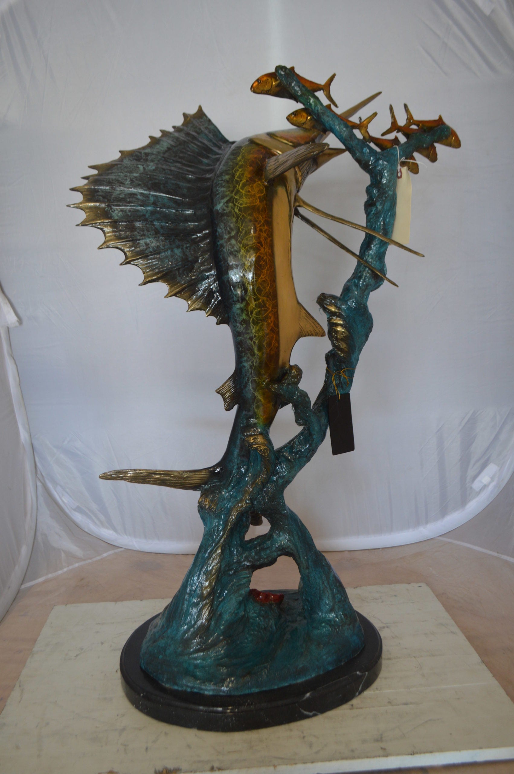 Sailfish With Small Fish Bronze Statue -  Size: 29"L x 17"W x 40"H.