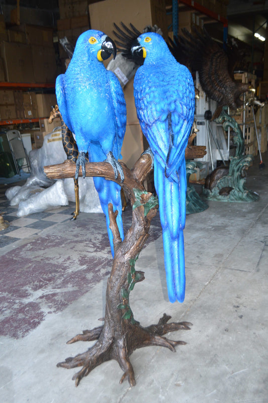 Pair of Blue Parrots on a tree - Bronze Statue - Size: 43"L x 28"W x 67"H.