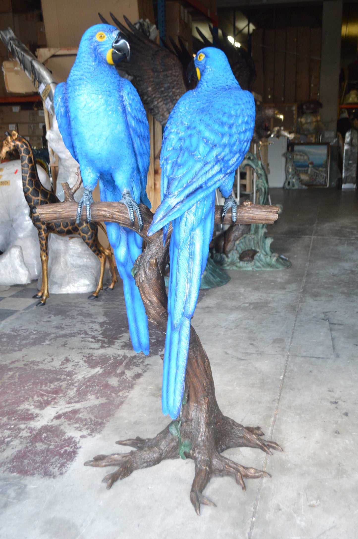Pair of Blue Parrots on a tree - Bronze Statue - Size: 43"L x 28"W x 67"H.