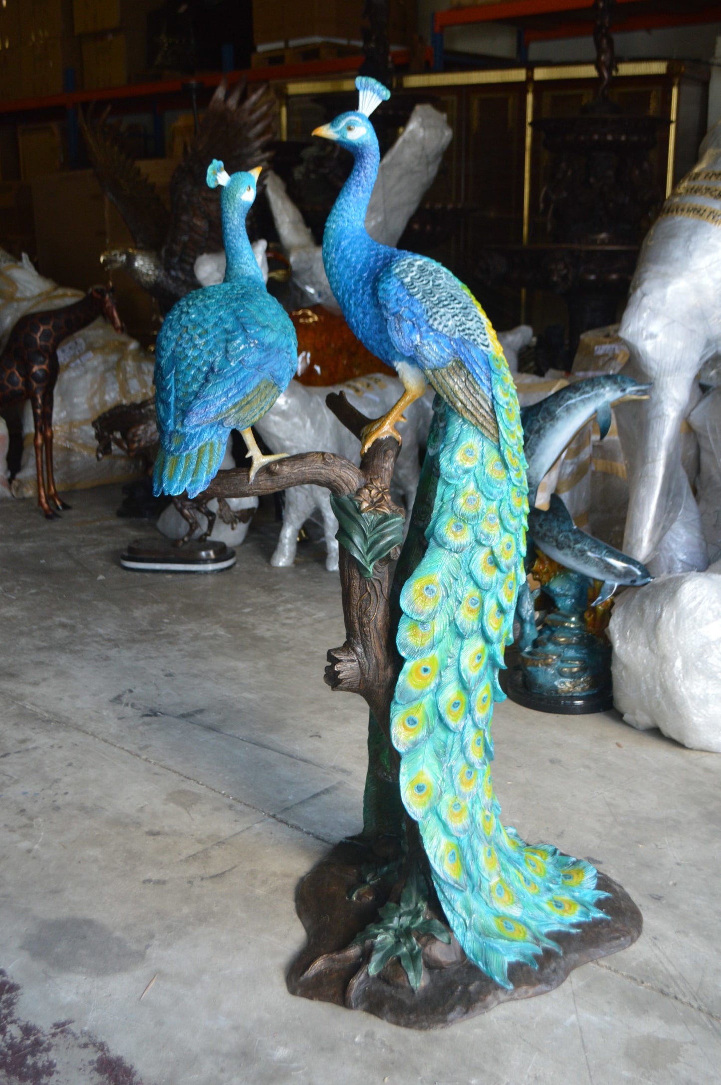 Pair of Peacocks on a Tree Bronze Statue - Size: 30"L x 27"W x 66"H.