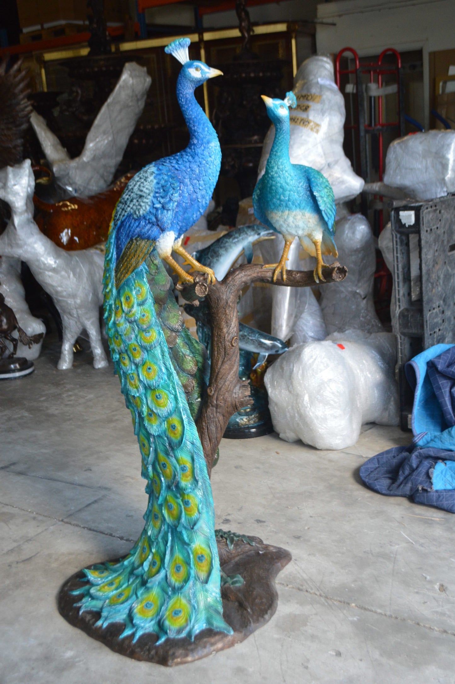 Pair of Peacocks on a Tree Bronze Statue - Size: 30"L x 27"W x 66"H.