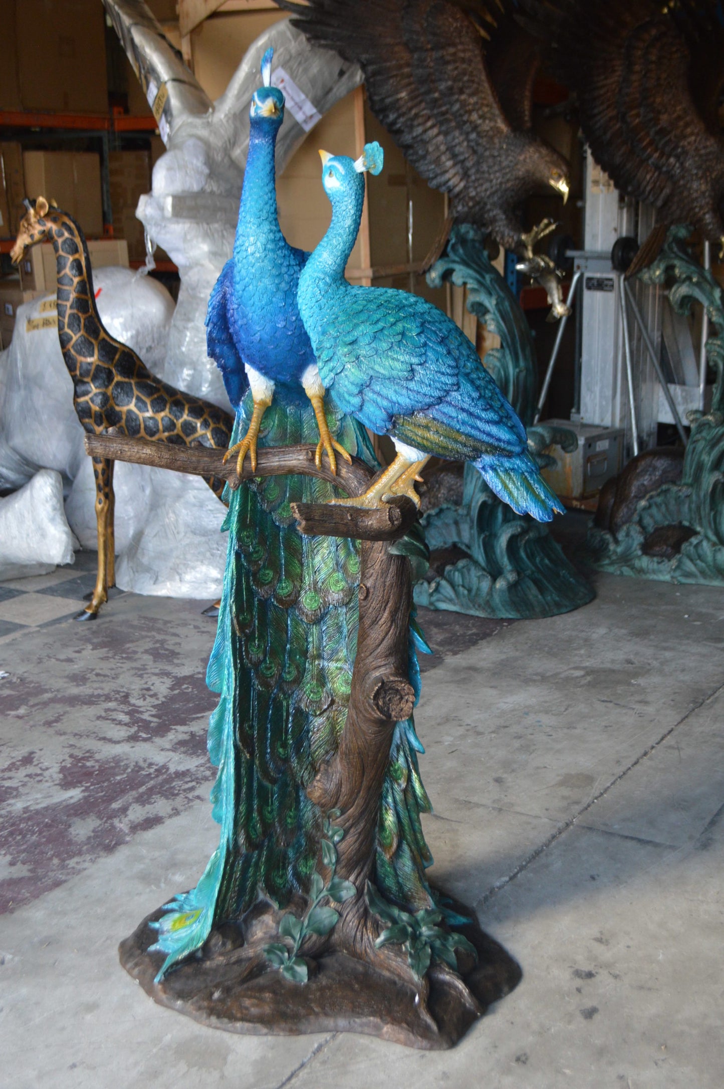 Pair of Peacocks on a Tree Bronze Statue - Size: 30"L x 27"W x 66"H.