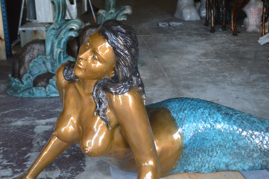 Mermaid Lying in the Sun Bronze Statue - Size: 87"L x 44"W x 36"H.
