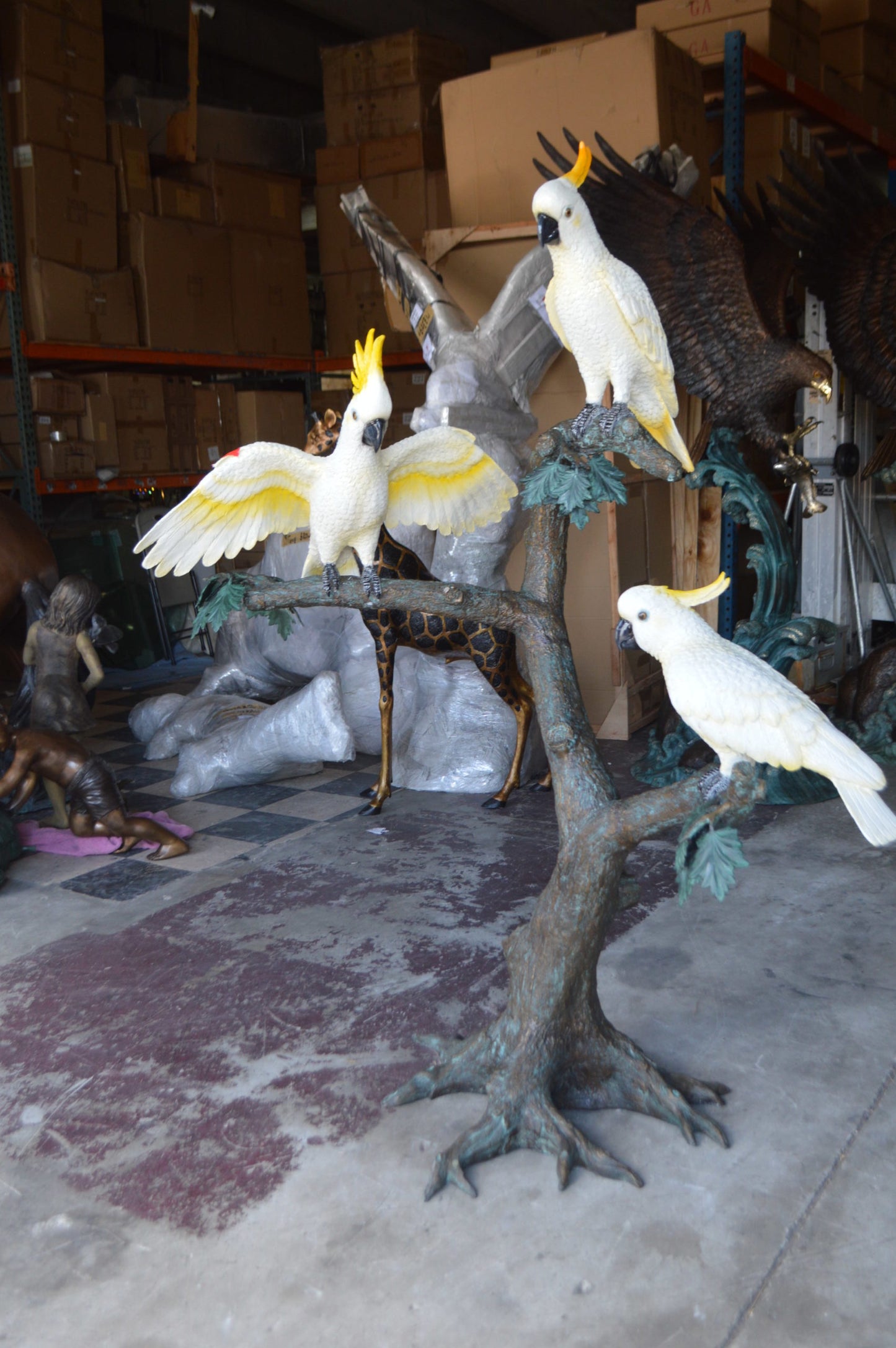 Three Cockatoo on a Tree Bronze Statue - Size: 55"L x 34"W x 68"H.