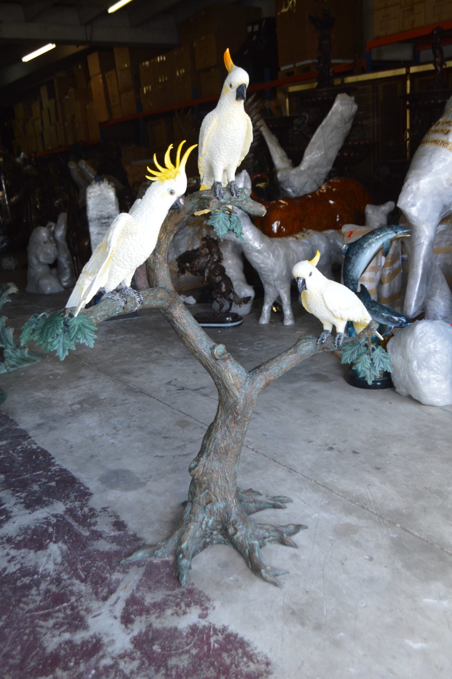 Three Cockatoo on a Tree Bronze Statue - Size: 55"L x 34"W x 68"H.