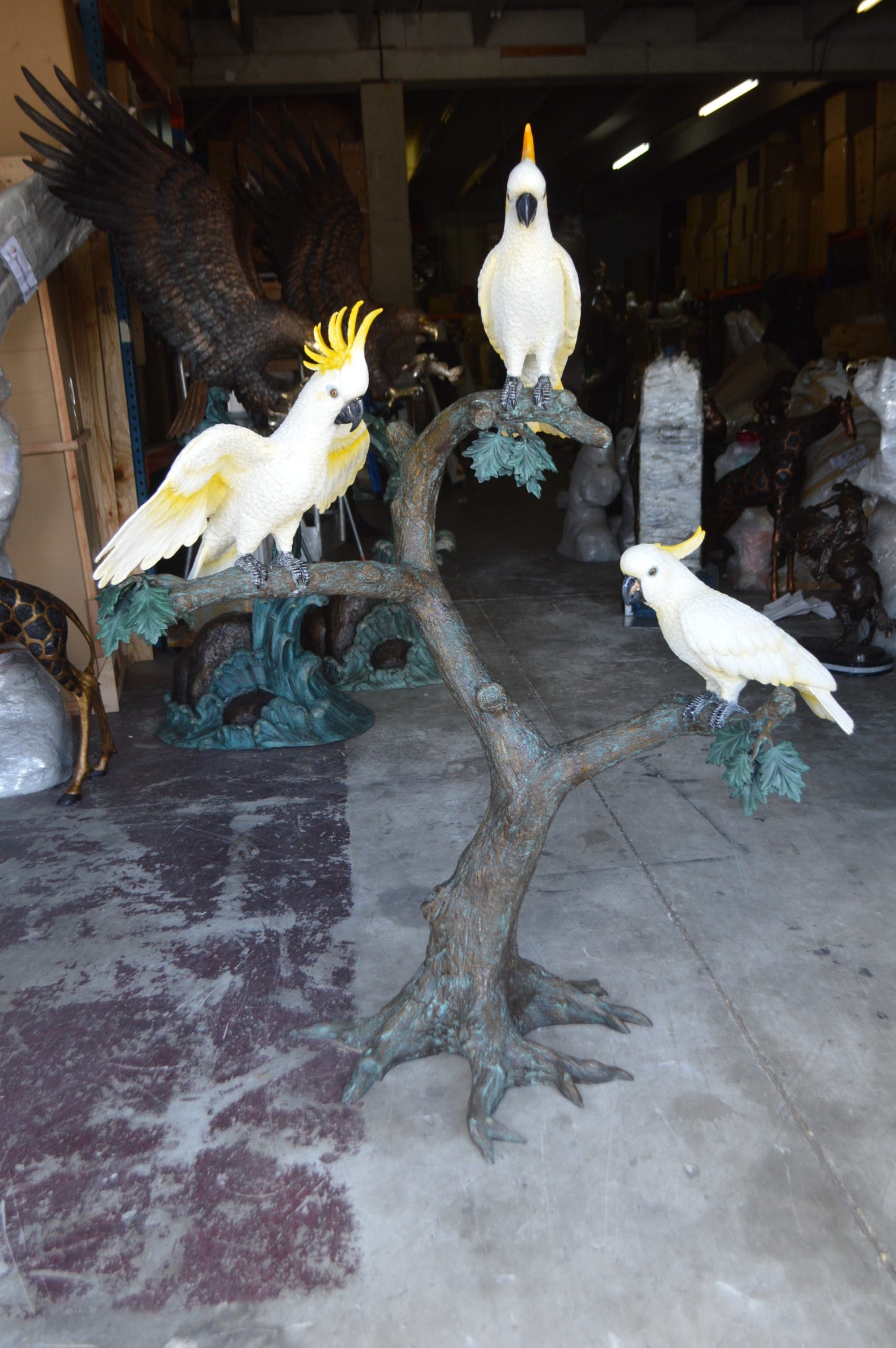 Three Cockatoo on a Tree Bronze Statue - Size: 55"L x 34"W x 68"H.