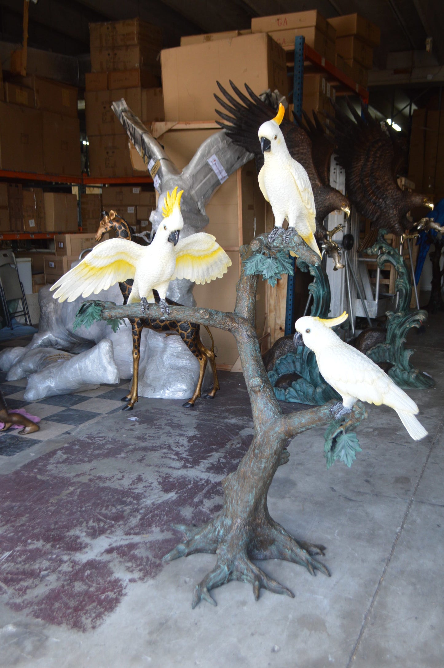 Three Cockatoo on a Tree Bronze Statue - Size: 55"L x 34"W x 68"H.