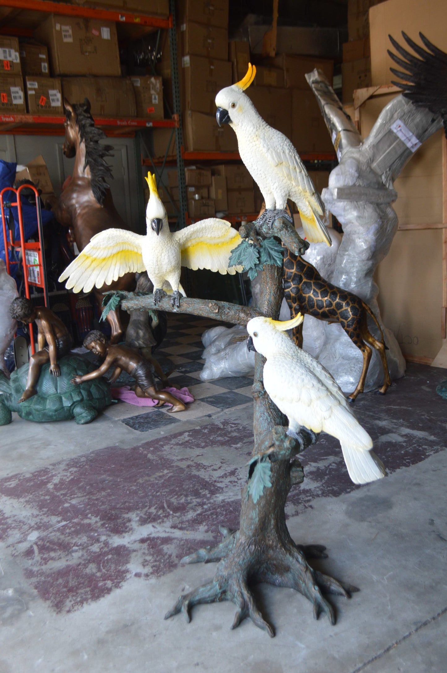 Three Cockatoo on a Tree Bronze Statue - Size: 55"L x 34"W x 68"H.