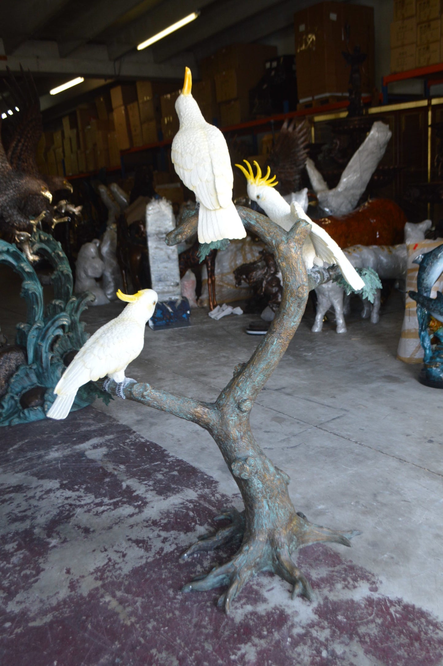 Three Cockatoo on a Tree Bronze Statue - Size: 55"L x 34"W x 68"H.