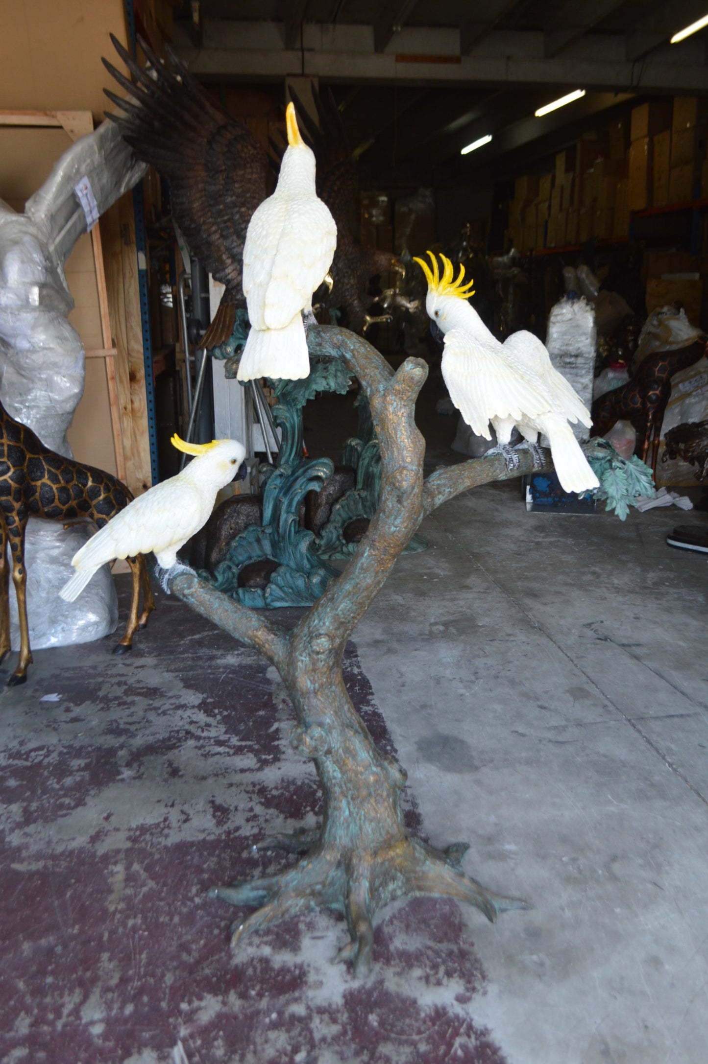 Three Cockatoo on a Tree Bronze Statue - Size: 55"L x 34"W x 68"H.