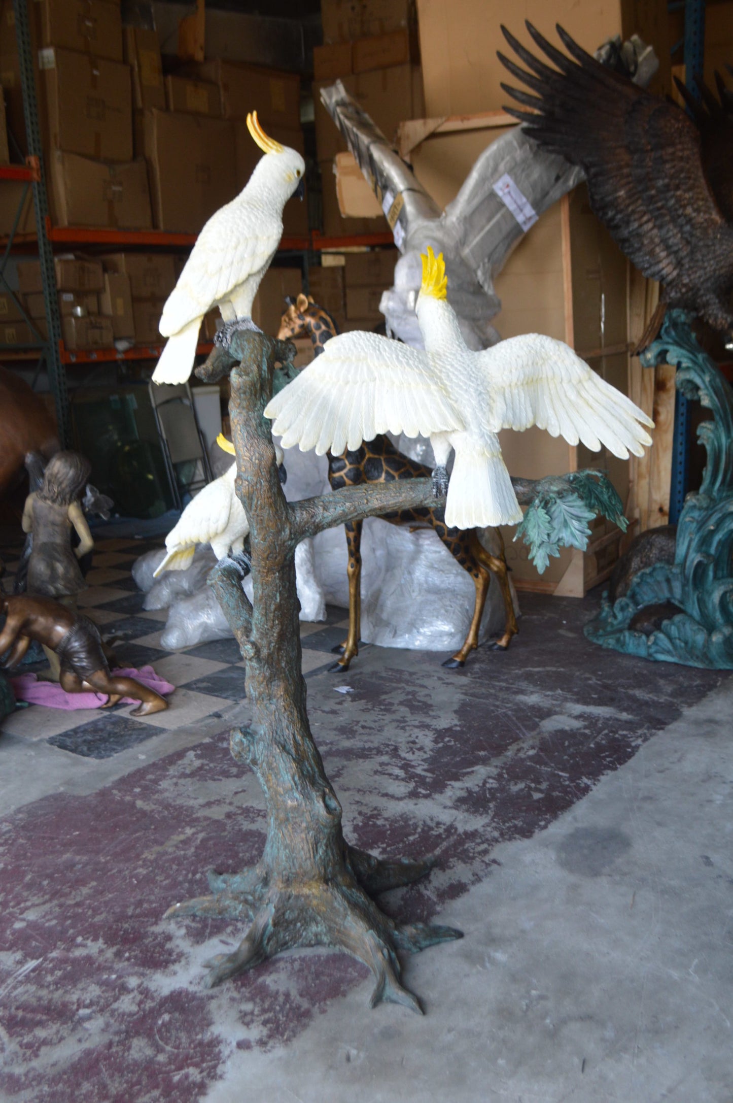 Three Cockatoo on a Tree Bronze Statue - Size: 55"L x 34"W x 68"H.