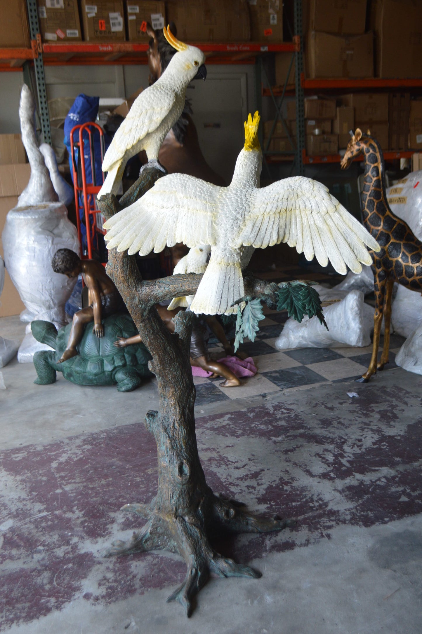 Three Cockatoo on a Tree Bronze Statue - Size: 55"L x 34"W x 68"H.