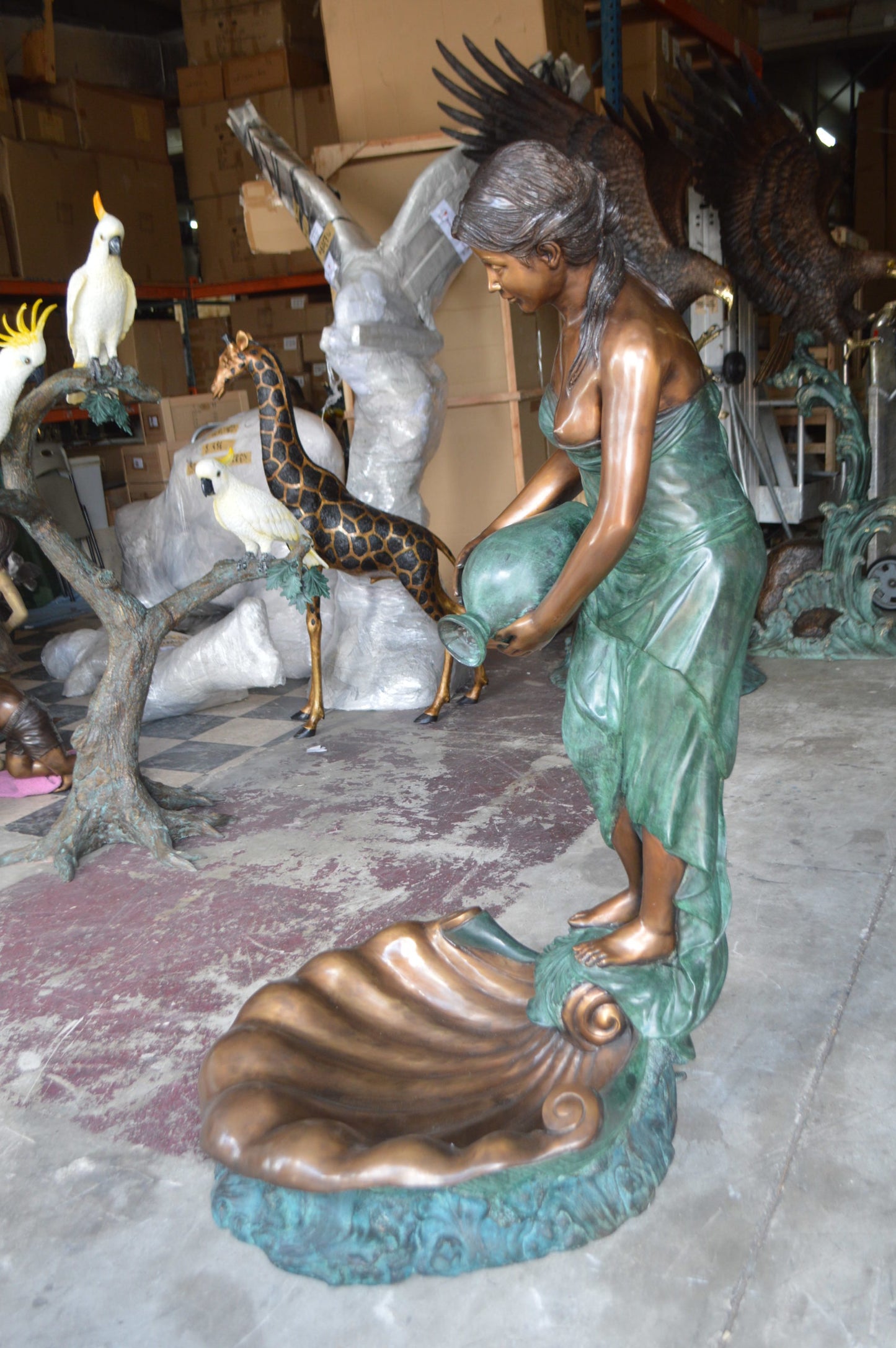 Girl Holding a Pot on Shell Fountain Bronze Statue - Size: 33"L x 30"W x 62"H.