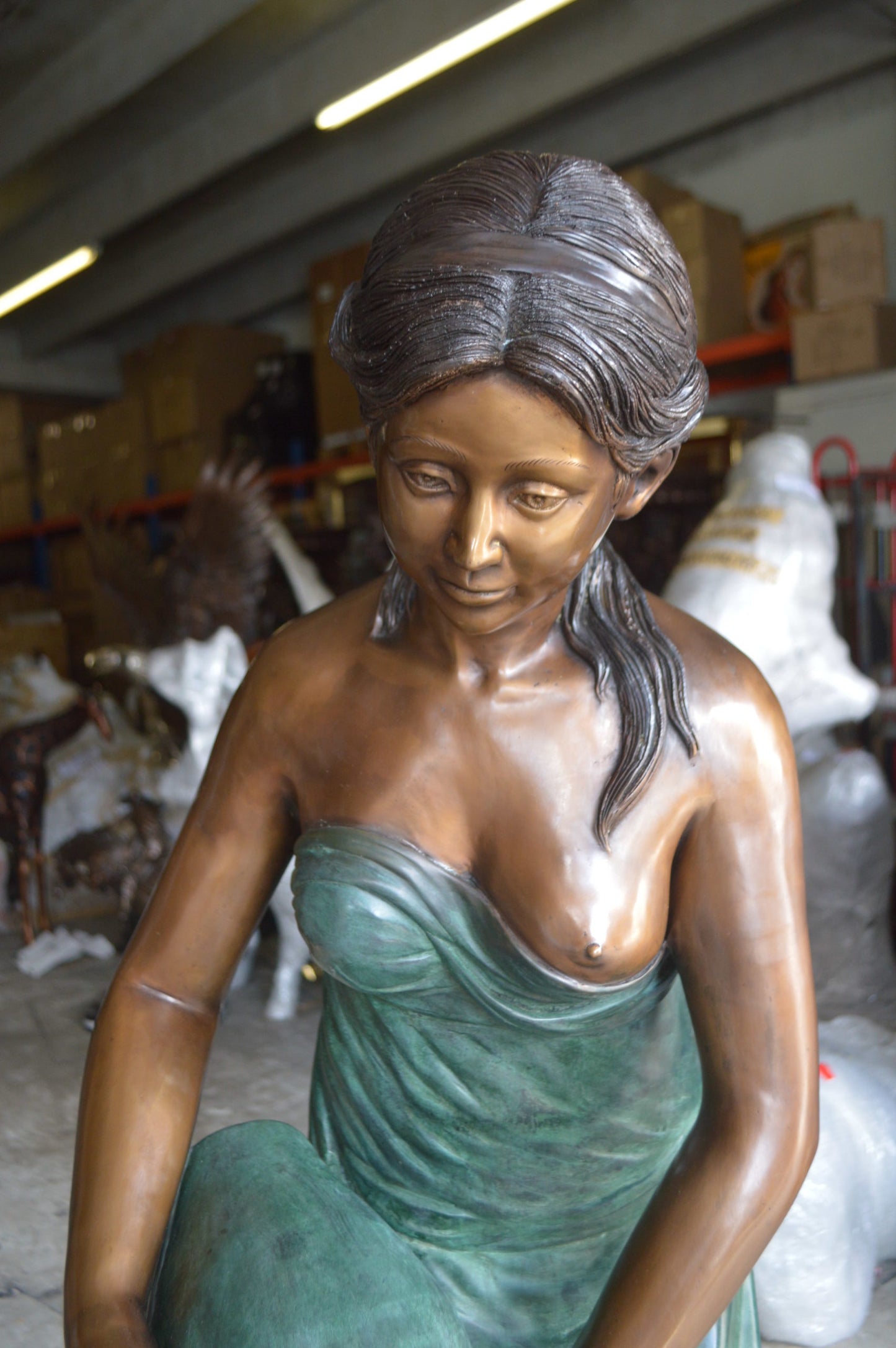 Girl Holding a Pot on Shell Fountain Bronze Statue - Size: 33"L x 30"W x 62"H.