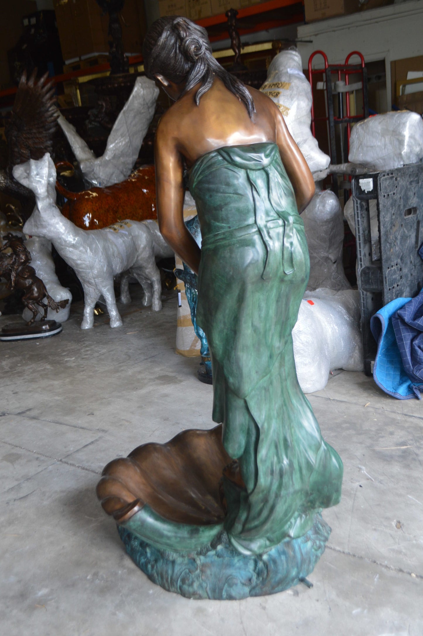 Girl Holding a Pot on Shell Fountain Bronze Statue - Size: 33"L x 30"W x 62"H.