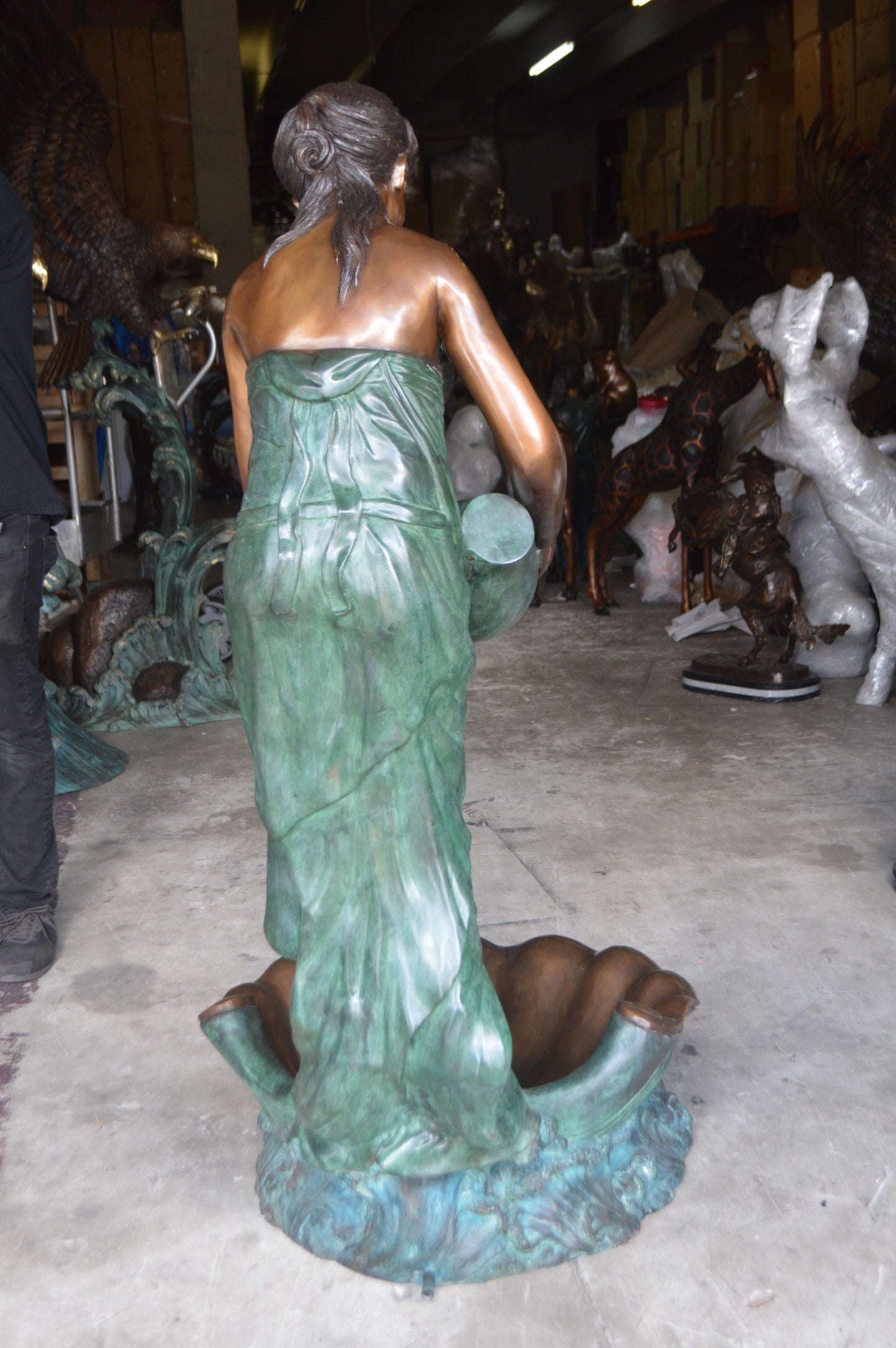 Girl Holding a Pot on Shell Fountain Bronze Statue - Size: 33"L x 30"W x 62"H.