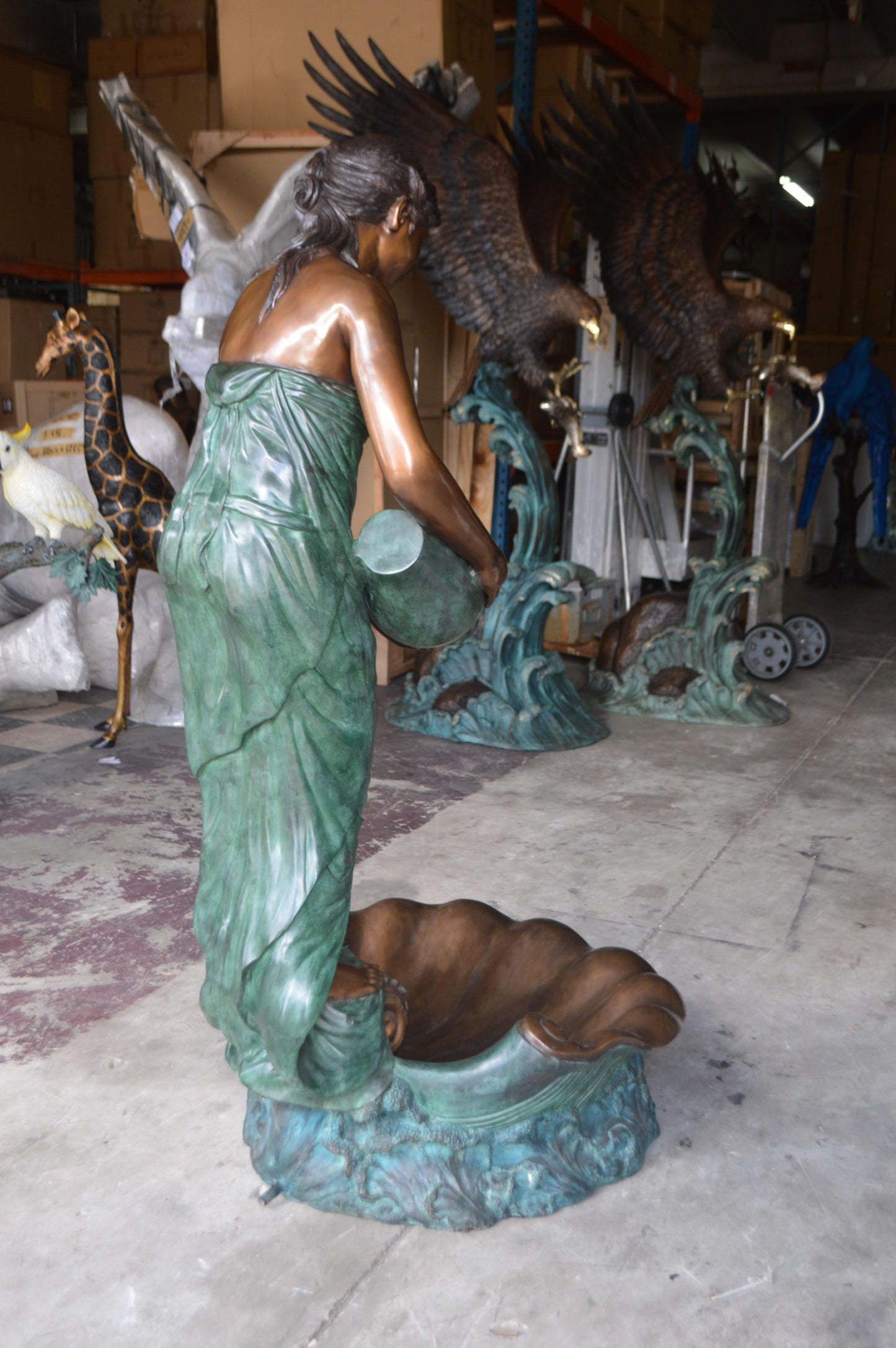 Girl Holding a Pot on Shell Fountain Bronze Statue - Size: 33"L x 30"W x 62"H.