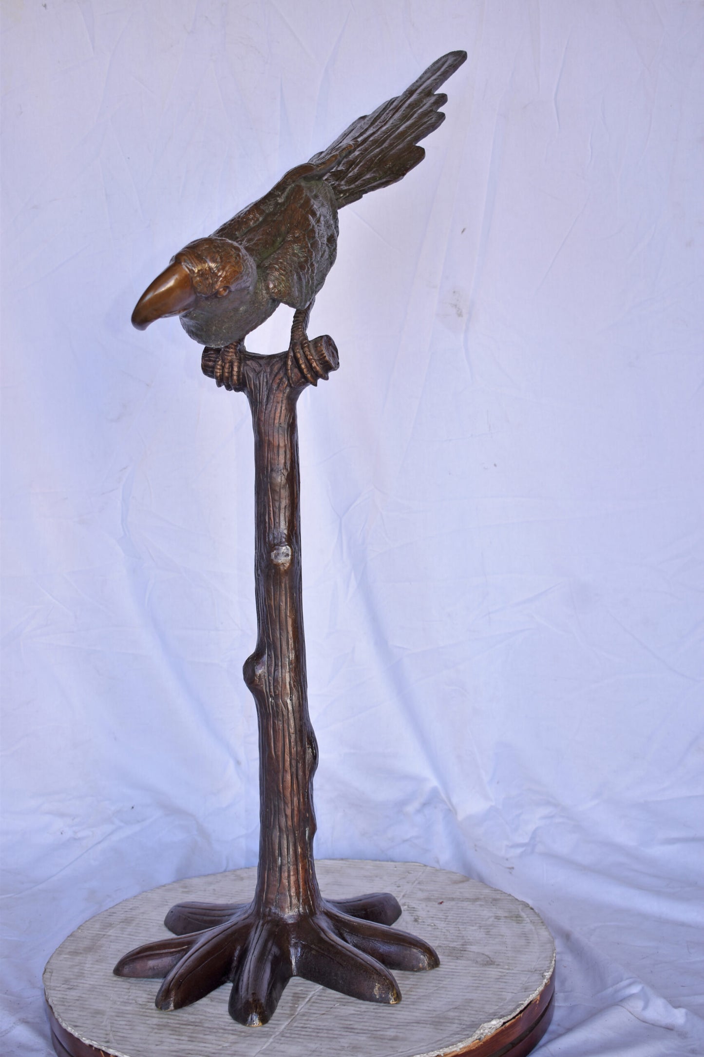Parrot on a Tree looking Down Bronze Statue - Size: 37"L x 15"W x 47"H.