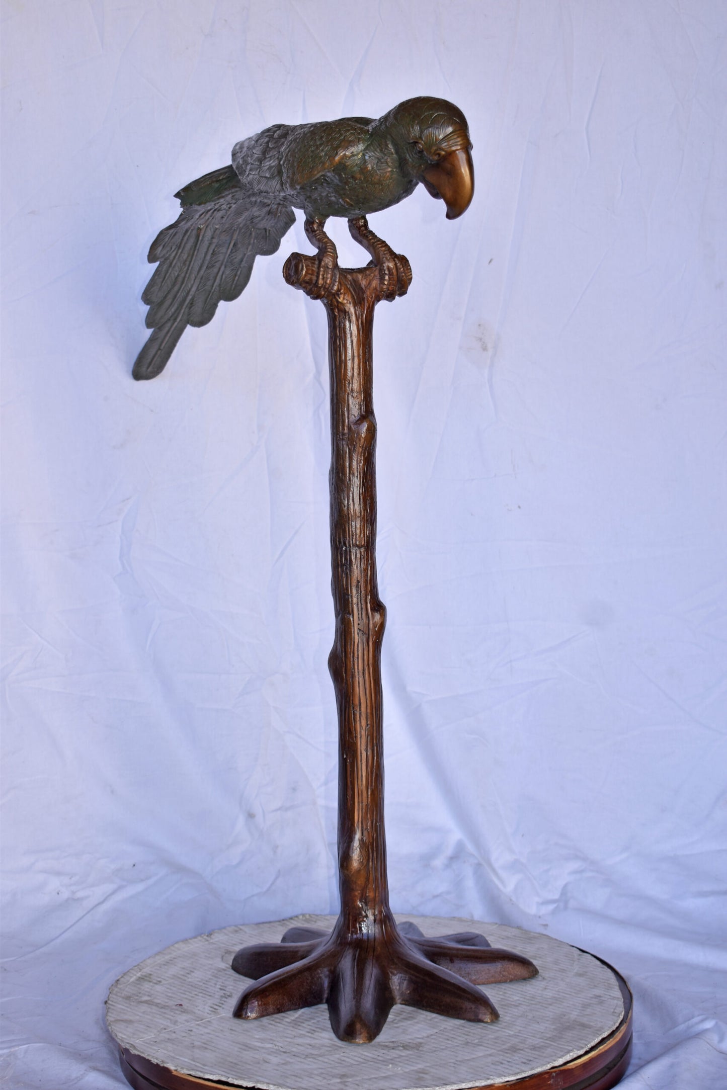 Parrot on a Tree Watching Forward Bronze Statue - Size: 36"L x 15"W x 41"H.