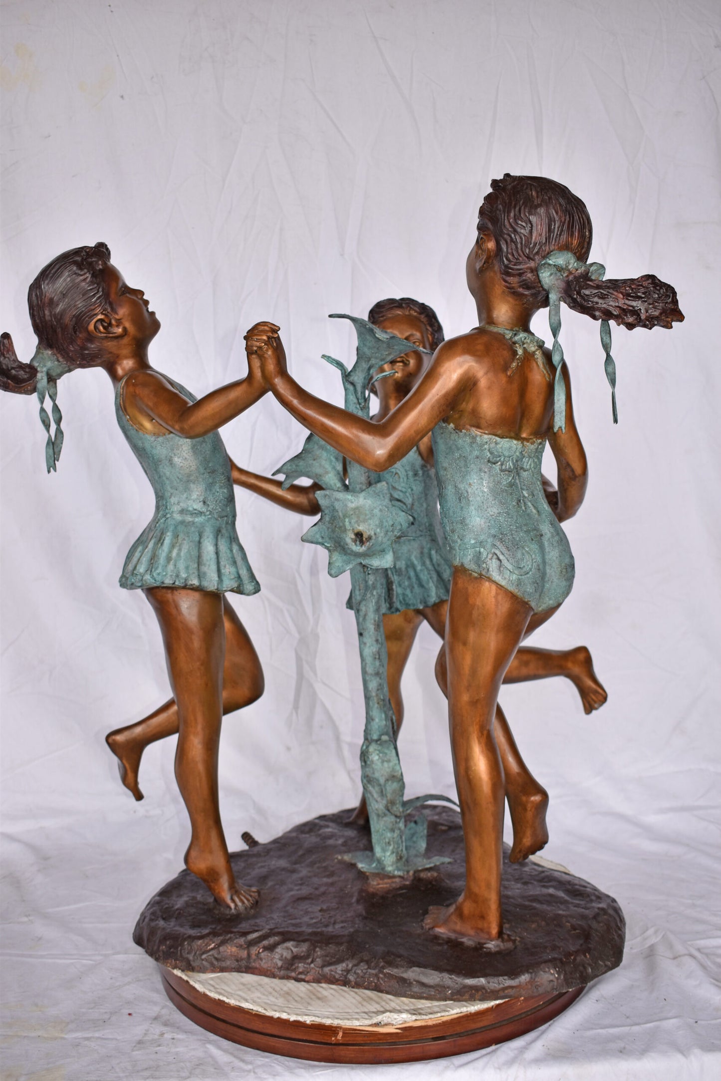 Three Girls Dancing Around Water Fountain Bronze Statue - Size: 35" x 24" x 38"H