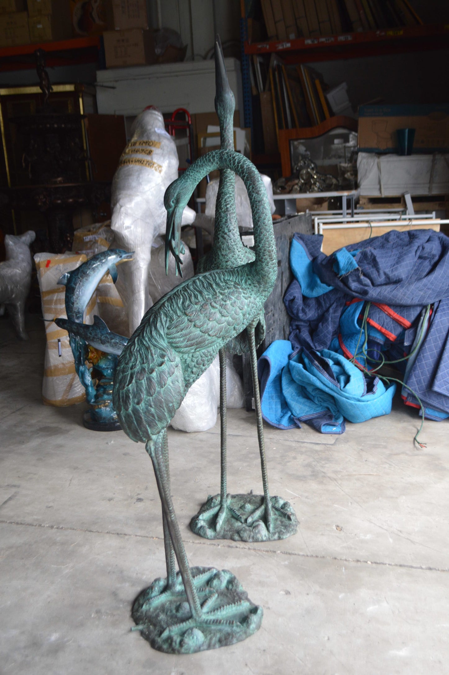 Pair of Cranes fountains Bronze Statue – Green Patina - 13"L x 9.5"W x 52"H.