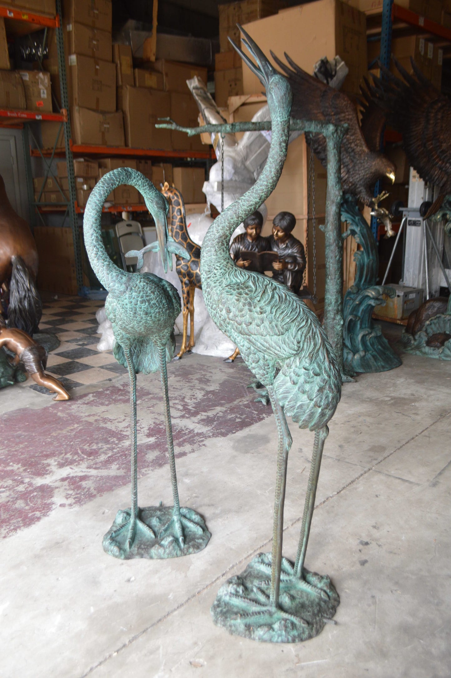Pair of Cranes fountains Bronze Statue – Green Patina - 13"L x 9.5"W x 52"H.