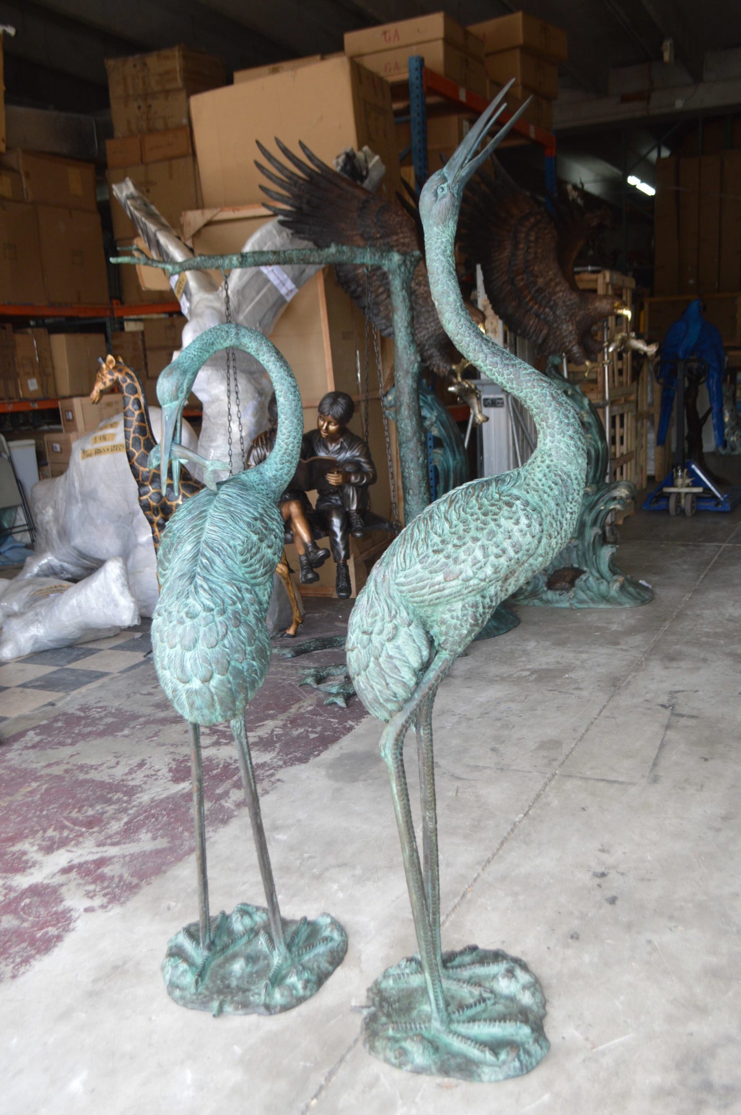 Pair of Cranes fountains Bronze Statue – Green Patina - 13"L x 9.5"W x 52"H.