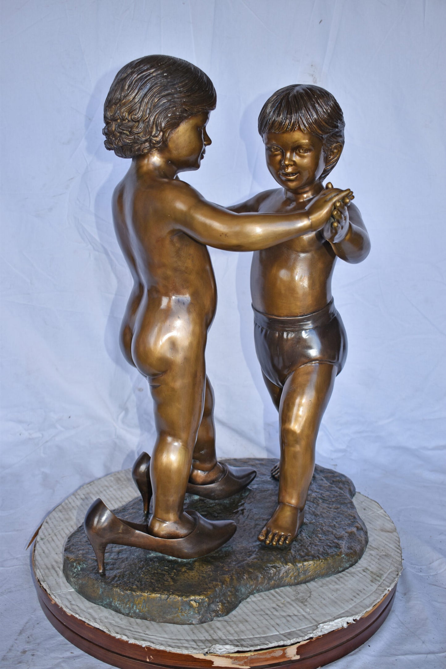 Girl with Big Shoes Dancing with A Boy Bronze Art Nude 21"L x 15"W x 30"H.