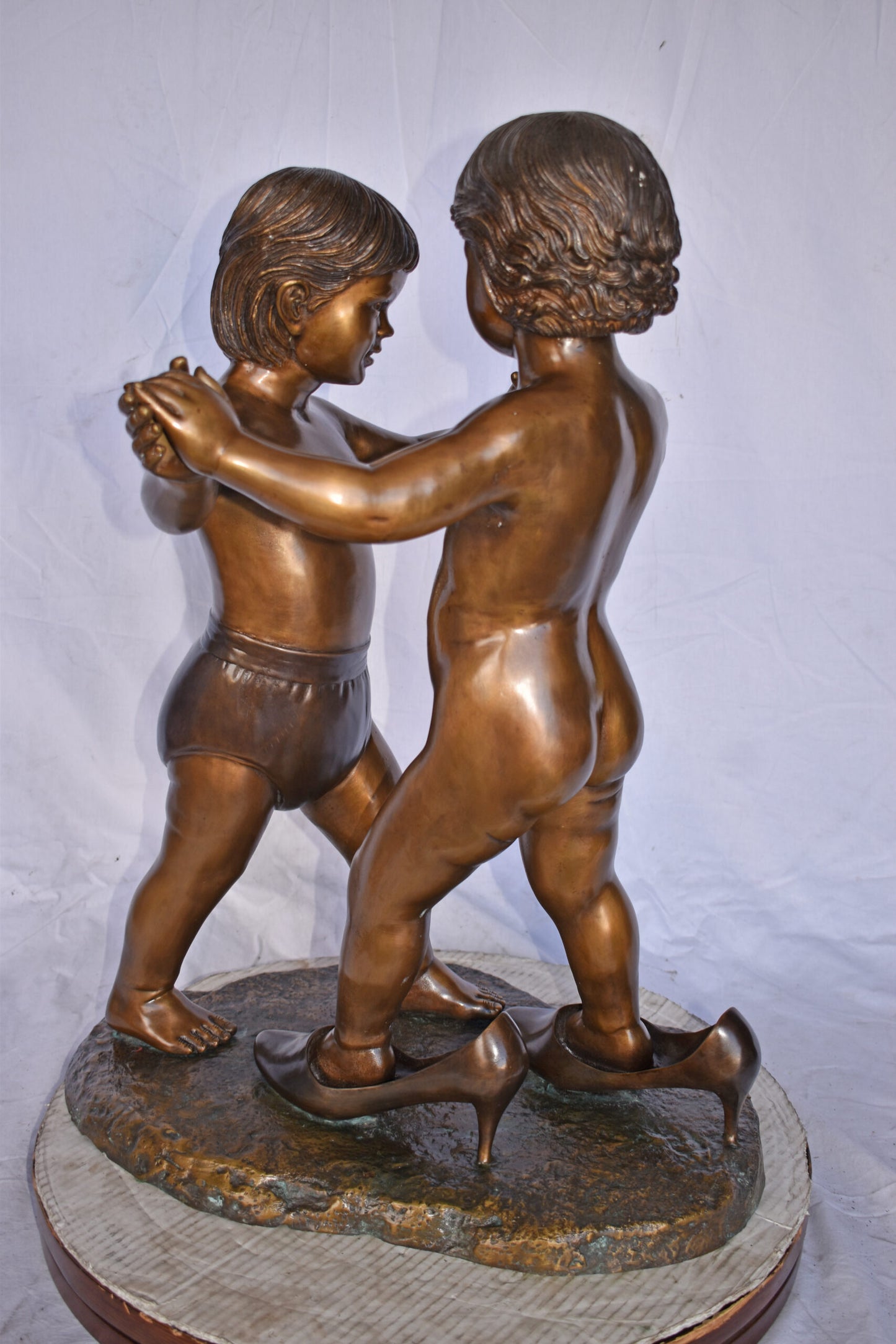 Girl with Big Shoes Dancing with A Boy Bronze Art Nude 21"L x 15"W x 30"H.