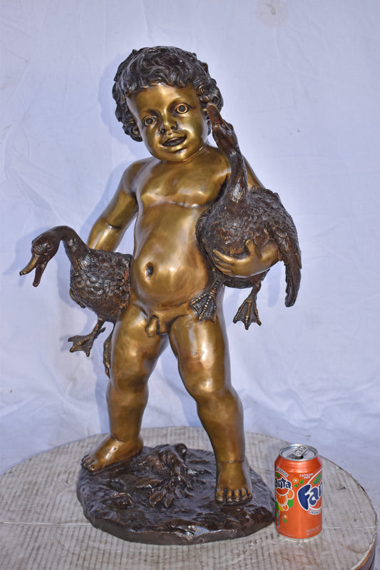 Naked Boy holding Two Ducks Bronze Statue Fountain Art Nude - Size: 17"L x 14"W x 27"H.