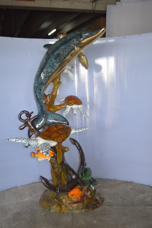 Dolphin with Three Turtles Fountain Bronze Statue -  Size: 43"L x 47"W x 74"H.
