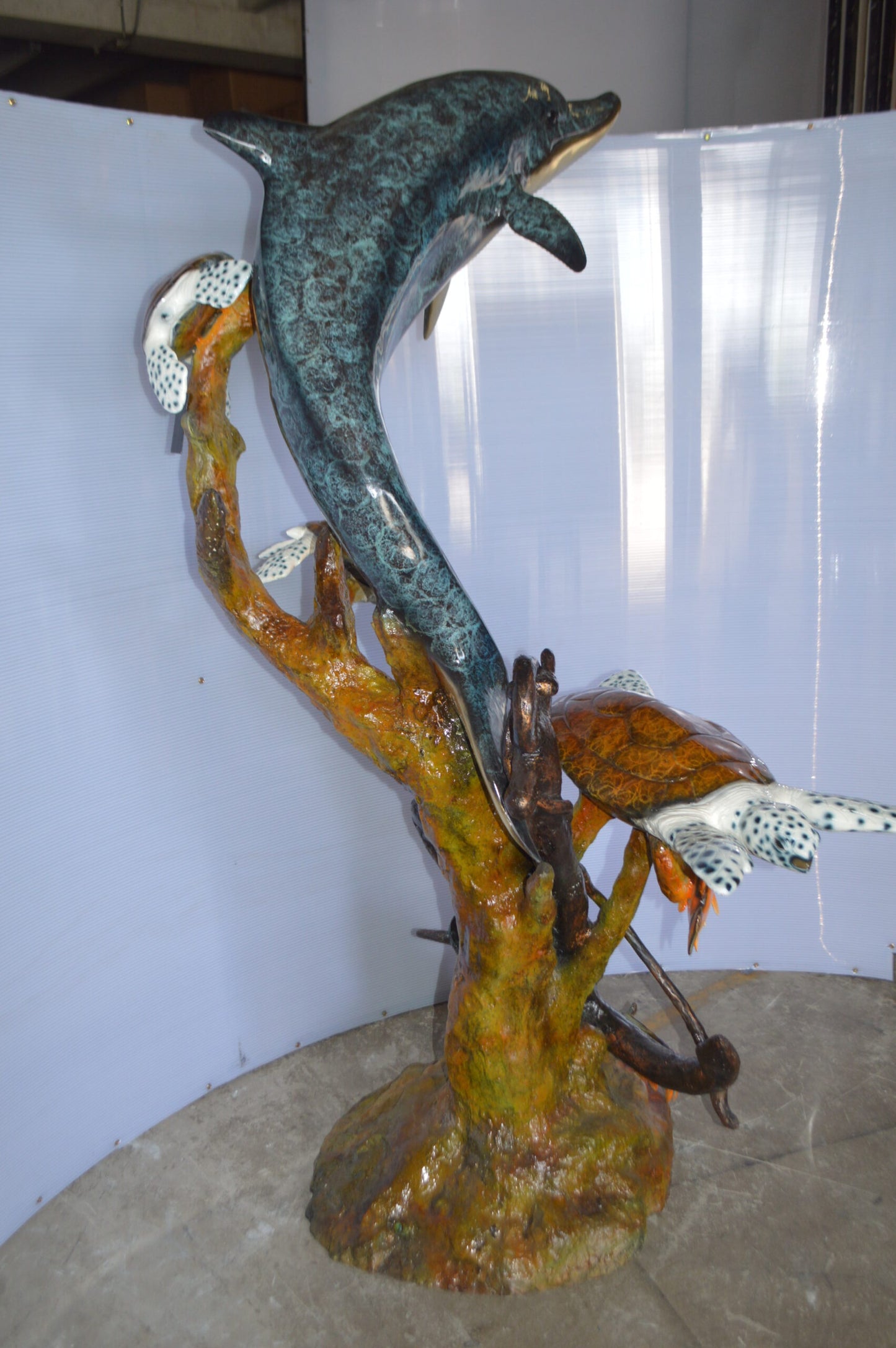 Dolphin with Three Turtles Fountain Bronze Statue - Size: 43"L x 47"W x 74"H.