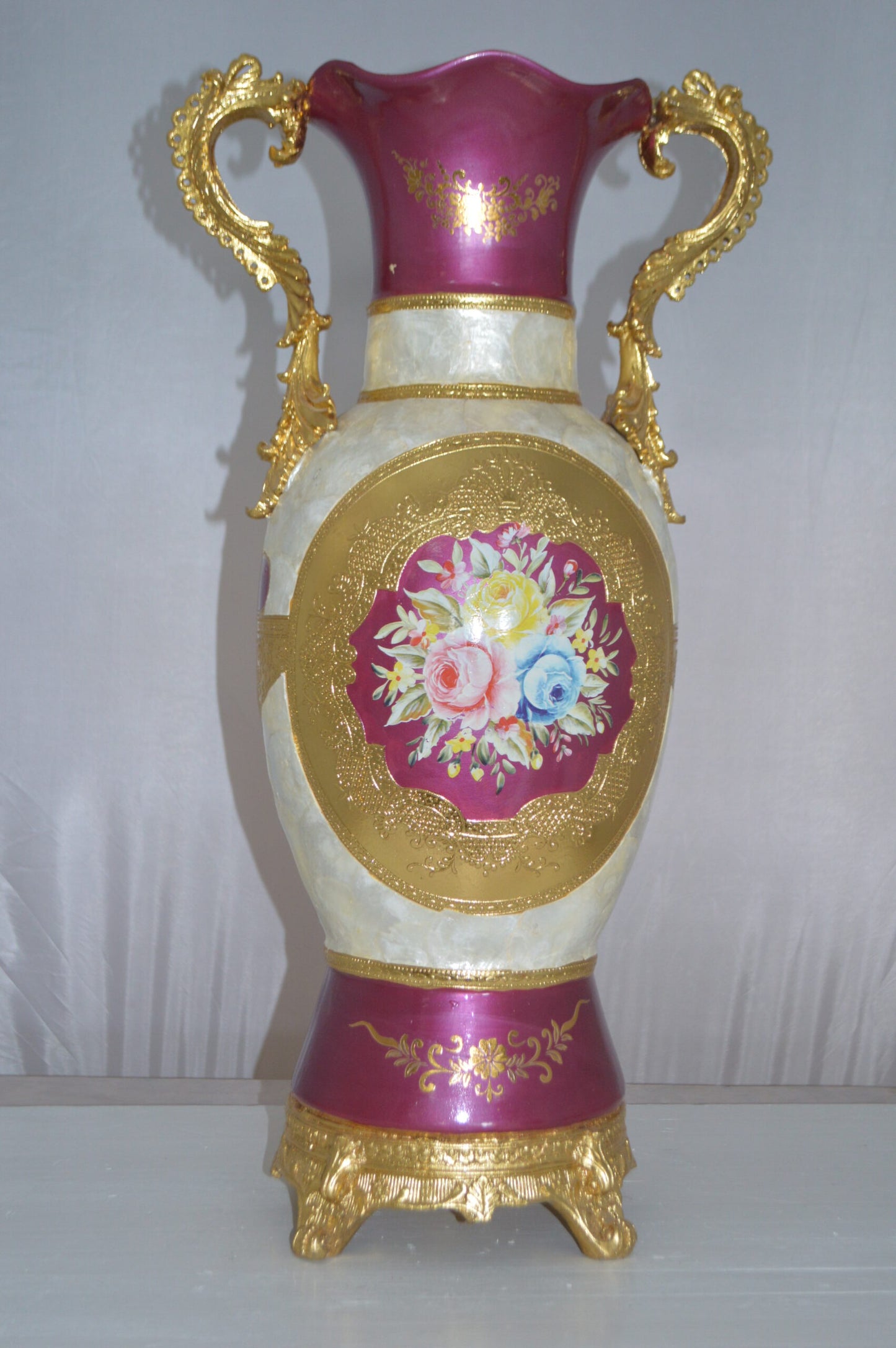 Decoration Vase White Gold and Pink -  Size: 15"L x 9"W x 28"H.
